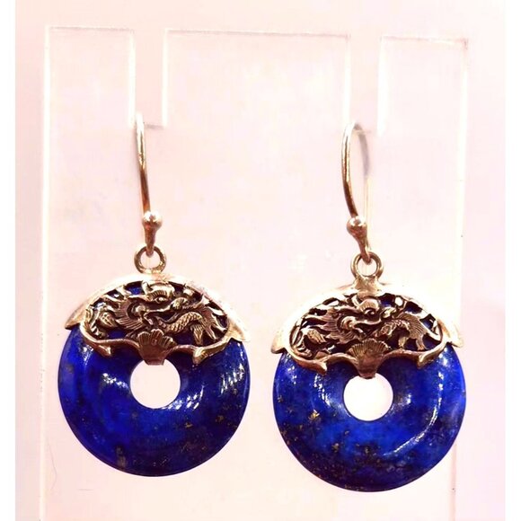 Lapis Doughnut Earrings With Silver Dragon Design Cap - Dangle - Picture 1 of 2